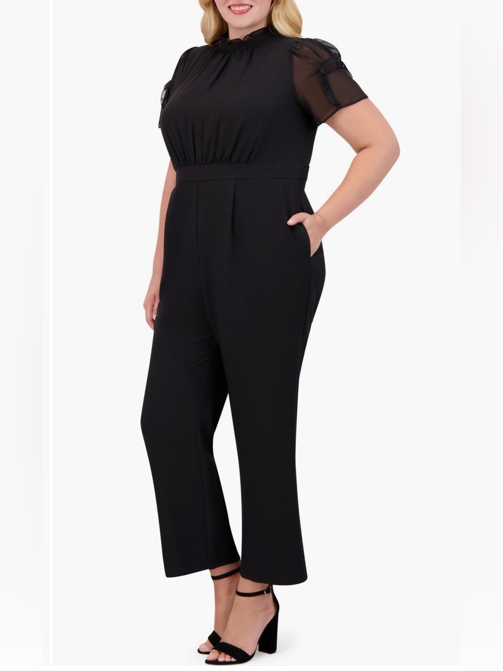 Vince Camuto Black Plus-Size Short-Sleeve Sheer Yoke Jumpsuit
